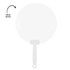 A solid white hand-held fan with a round shape and a sturdy handle. It features a logo on the handle.