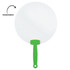 A round, transparent fan with a green handle, ideal for keeping cool. Features a simple design.
