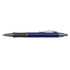 A metal pen in navy blue with a black grip and silver accents, featuring a clip for attachment.