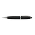 A black metal pen with silver accents, featuring a stylus tip and a branding logo.