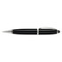 A sleek black metal pen with silver accents, featuring a stylus tip. It has a branding logo on the body.