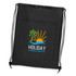 A black drawstring backpack with a front pocket and a logo featuring a sun, palm tree, and beach design.