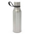 A drink bottle featuring a sleek stainless steel design with a secure lid and an attached black loop for easy carrying.