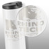 A drink bottle in white with a silver logo and branding. Features a black lid.