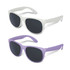 Two pairs of sunglasses are displayed: one in matte white and the other in matte lavender, both with dark lenses.