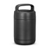 A drink bottle in matte black with a handle and a sleek, cylindrical design. It features a brand logo.