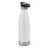 A drink bottle in white with a silver base and a black push-button lid, featuring a logo.