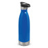 A drink bottle with a sleek blue body and a stainless steel base featuring a push-button lid.
