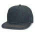 A denim flat peak cap with a structured design and contrasting stitching.