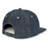 A denim flat peak cap with a dark blue fabric, featuring a flat visor and an adjustable strap at the back.