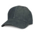 A denim cap, featuring a classic baseball cap design with a curved brim and a solid dark blue color.