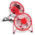 A red desk fan with a USB connector, featuring a wire mesh design and adjustable stand.