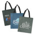 A collection of three tote bags featuring different designs, in green and blue hues, with black handles. Each has a logo.