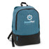 A teal and black backpack with a logo on the front. It features a spacious main compartment and adjustable straps.