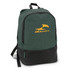 A green and black backpack featuring a logo. The backpack has a spacious main compartment and a front pocket.