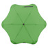 A green BLUNT Metro Umbrella with a unique, aerodynamic shape and a central button mechanism, featuring a logo.