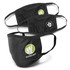 Three black reusable 3-ply cotton face masks, featuring different designs and logos.