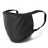 A black reusable 3-ply cotton face mask with adjustable ear straps and a logo.