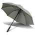 A green umbrella with a black handle and a sturdy structure, featuring a logo on the shaft.