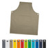 A beige bib apron featuring a front pocket and a circular logo, with colour swatches displayed beneath in various shades.