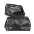 A black leather toiletry bag with a zip closure, featuring a sleek design and a subtle logo.