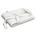 A folded white waffle bathrobe with a matching tie belt, featuring a textured fabric and branding.