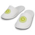 White waffle slippers with a green circular design and a logo on the front. Soft, textured fabric with a cushioned sole.