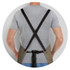 A khaki bib apron with black straps, viewed from the back, on a person wearing a grey shirt.