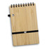 A bamboo note pad with a spiral binding and an elastic strap, featuring a natural wood finish.