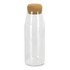 A drink bottle featuring a clear glass body and a natural cork lid, minimalistic in design.