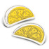 Two expandable sponges shaped like lemon slices, one white and one yellow, featuring detailed fruit designs.