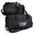 A black urban camouflage duffle bag with dual handles and a shoulder strap, featuring a logo.