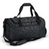 A black and dark grey camouflaged duffle bag with dual handles and an adjustable shoulder strap.