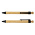 A bamboo pen with black accents, featuring a clip and a rounded top. It has a natural wood texture.