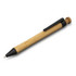 A bamboo pen with a black tip and clip, featuring a natural wood finish. It includes a branding logo.