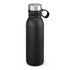 A drink bottle in matte black with a stainless steel cap and a handle, featuring a logo.