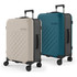 A 26" suitcase set featuring a cream and teal design, with a textured surface and a logo on the front.