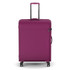 A large purple wheeled suitcase with a retractable handle and logo, featuring a sleek design.