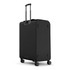 A large black wheeled suitcase with a retractable handle and four wheels for easy mobility.