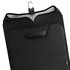 A black garment bag with a hanging hook and interior pattern, featuring a zippered section.