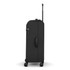A black wheeled suitcase with a retractable handle, featuring smooth wheels and a side handle.