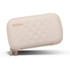 A pale cream pouch with a textured surface and a logo, featuring a zip closure and brown accents.