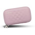 A pink zippered bag with a diamond pattern and a logo. The bag features a smooth, glossy texture.