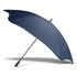 A navy blue sport umbrella with a curved shape and a black handle, featuring a logo on the shaft.