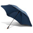 A navy blue sports umbrella with a sleek design and a handle, featuring a logo on the canopy.