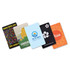 A set of five colorful playing cards featuring various designs and a logo on one card.