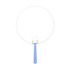 A round, blue handle fan with a large white fan surface, featuring a logo on the handle.