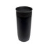A stainless steel coffee cup in a sleek black design, featuring a tight-fitting lid.