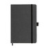 A grey notebook with a black elastic band closure and a ribbon bookmark. It has a simple, sleek design.