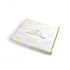 A custom printed box featuring a white background with yellow and grey text, including a logo and various motivational words.